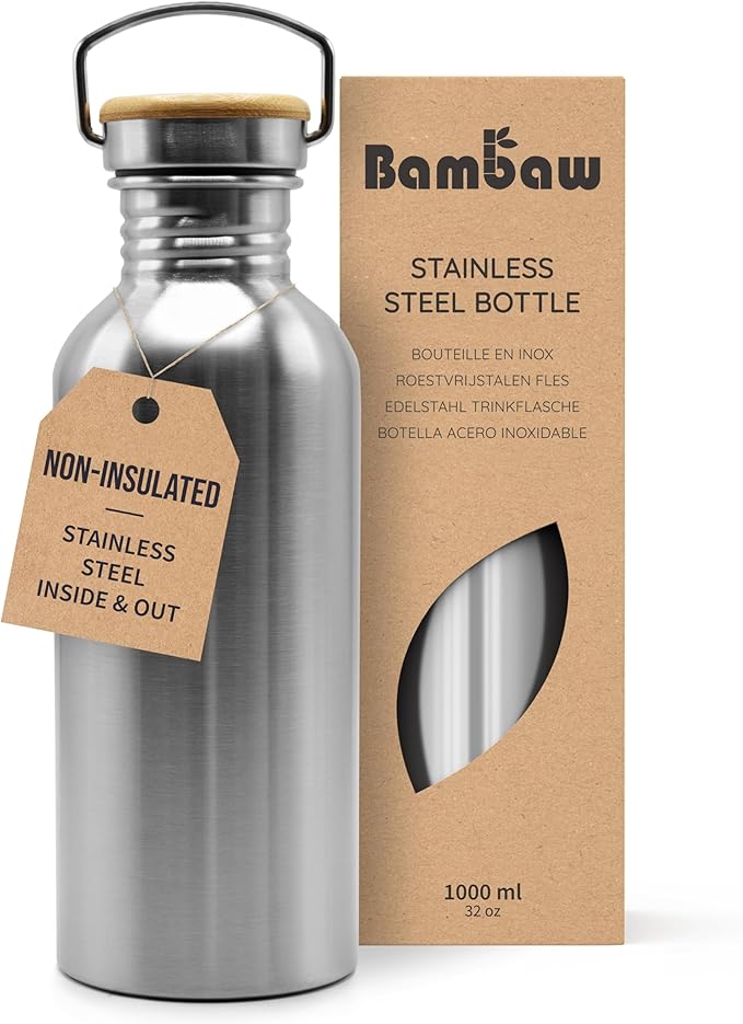 Bambaw Stainless Steel Water Bottles 32 oz, Non-insulated Single Wall Metal Water Bottle Stainless Steel, Reusable & Eco Friendly, Dishwasher Safe  Silver