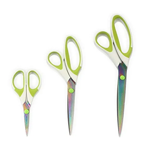 BambooMN Super Sharp Titanium Softgrip Scissors Set for Sewing, Arts, Crafts, Office - 1 Set of 3 - White w/Green Inlays