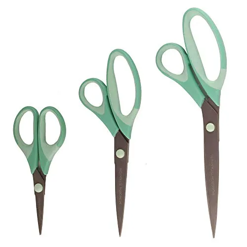 BambooMN Titanium Softgrip Scissors Set for Sewing, Arts, Crafts, Office - 1 Set of 3 - Mint Green w/Light Inlays