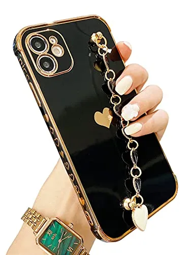 BANAILOA Luxury Plating Soft iPhone 11 case Love Heart Pattern,Sparkle Cute case with Bling Chain for Women Girl Camera Lens Package Protective Case Compatible with iPhone 11-6.1 inch (Black)