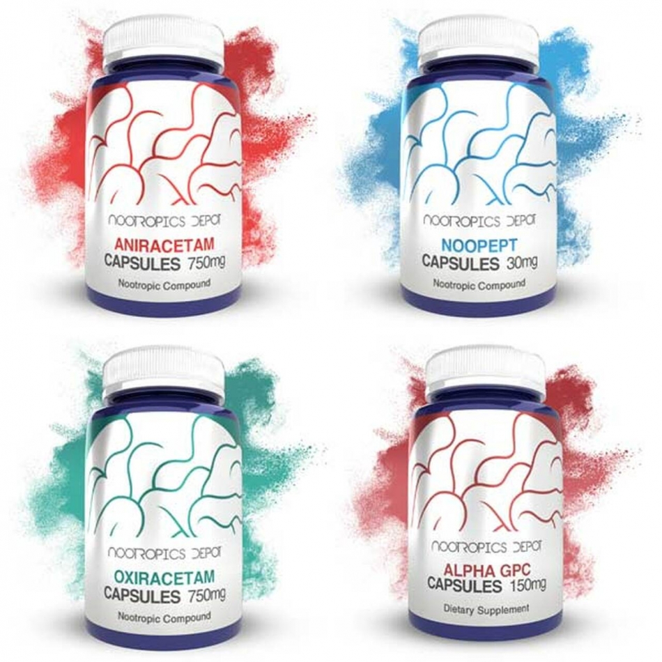 Basic Nootropic Capsules Sample Pack (15ct. Jars of Aniracetam, Noopept, Oxiracetam, Alpha-GPC)