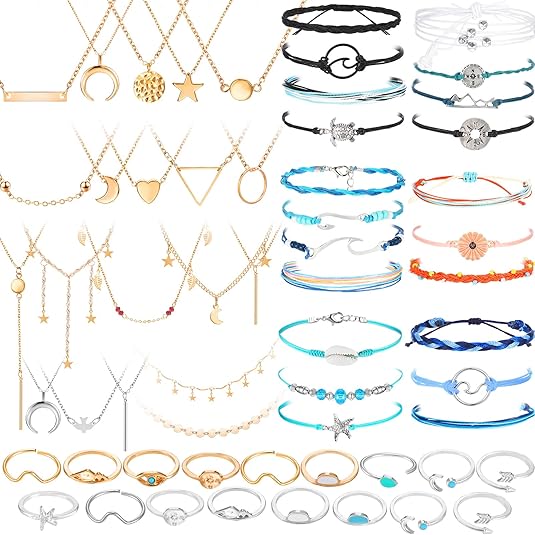 Batiyeer 60 Pcs Boho Surfer Wave Bracelet and Necklace Set for Women, Summer Beach Y2k Layered Choker Anklets Knuckle Rings
