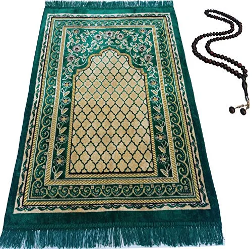 BAYKUL Muslim Prayer Rug-Islamic Turkish Velvet Rugs-Great Ramadan Gifts-Janamaz Prayer Mat Women Men-Islam Carpet-Portable Muslims Mats-Praying Rugs Islam-Sajadah-Gift Prayer Beads 99 (Green)
