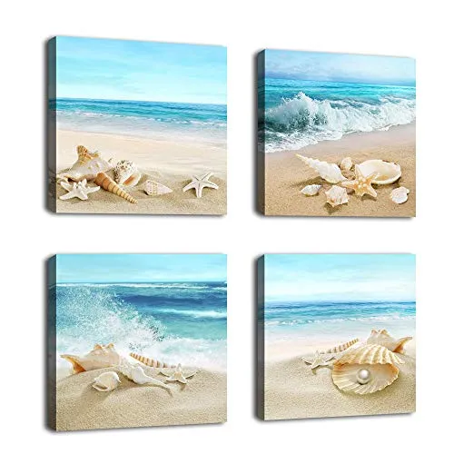 Beach Canvas Wall Art Ocean Decor Beach Seashell Starfish Nature Picture Blue Canvas Artwork Turquoise Contemporary Wall Art for Bathroom Bedroom Living Room Office Kitchen Wall Decor 12