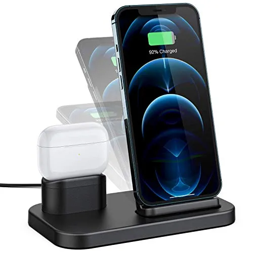 BEACOO Angle Adjustable Wireless Charger,2 in 1 Fast Wireless Charging Station,Wireless Charging Stand Dock Compatible with iPhone 12 Pro Max/12mini/SE/11 Pro Max X XR XS Max 8 Plus AirPods 1/2/ Pro
