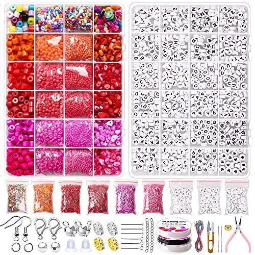 Beads for Jewelry Making, YUGURUZY Glass Pony Seed Beads Gemstone Crystal Chips Bugle Beads with Alphabet Letter Beads,Earring Hook,Jump Rings and Elastic String for Jewelry Bracelet Earring Supplies
