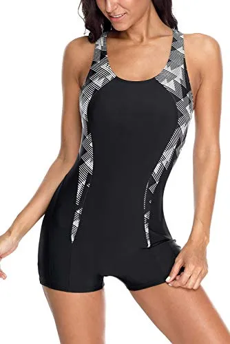 beautyin Women's Sports One Piece Swimsuit Boyleg Athletic Swimwear Printed M
