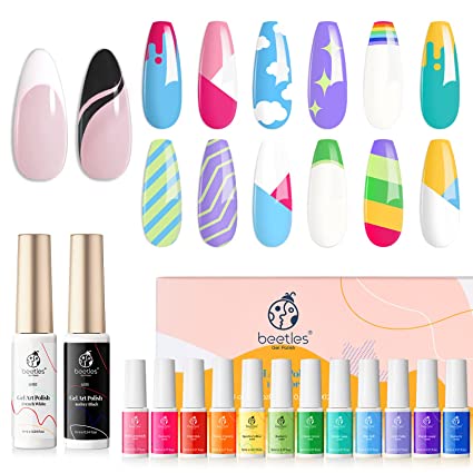 Beetles Gel Polish Nail Art Gel Liner Set- 2 Popular Black White Colors with 2 Rainbow Colorful Pastel Gel Art Paint for Trendy Swirl Nails Bright Spring Summer