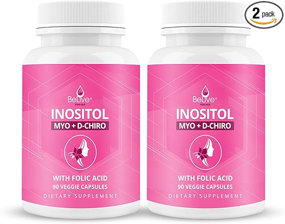 BeLive Myo-Inositol & D-Chiro Inositol Capsules - 90Ct I Inositol Supplement with Folic Acid Supplements for Woman, Optimal 40:1 Ratio - 2 Pack