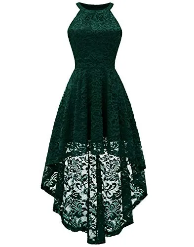BeryLove Women's Halter Hi-Lo Floral Lace Cocktail Party Dress Bridesmaid Formal Swing Dress BLP7028 DarkGreen 2XL