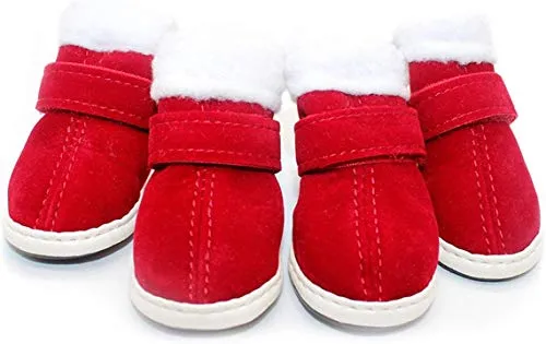 BESUNTEK Warm Winter Little Pet Dog Boots Skidproof Soft Snowman Anti-Slip Sole Paw Protectors Small Puppy Shoes 4PCS (XL, Red)