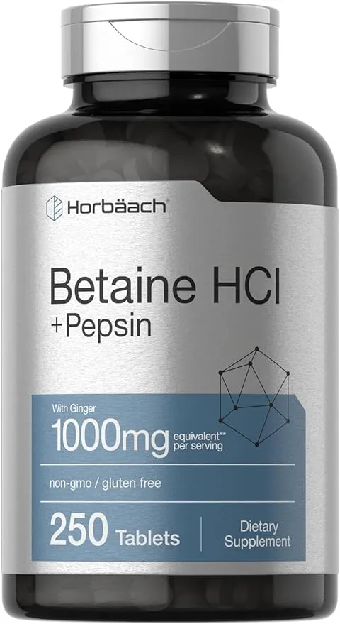 Betaine HCl with Pepsin | 1326mg | 250 Capsules | Betaine Hydrochloride Supplement | with Protease | Non-GMO, Gluten Free, Vegetarian | by Horbaach