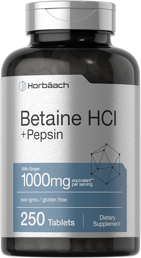 Betaine HCl with Pepsin | 1326mg | 250 Capsules | Betaine Hydrochloride Supplement | with Protease | Non-GMO, Gluten Free, Vegetarian | by Horbaach