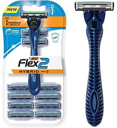 BIC Flex 2 Hybrid Men's Twin Blade Razor, One Handle 10 Cartridges, Set