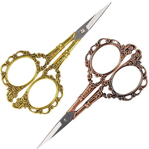 BIHRTC Pack of 2 Vintage European Style Plum Blossom Scissors for Embroidery, Sewing, Craft, Art Work & Everyday Use (Copper,Gold)