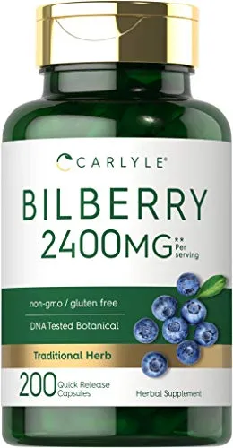Bilberry Extract Capsules | 2400mg | 200 Count | Non-GMO, Gluten Free Fruit Supplement | by Carlyle