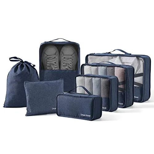 BIMNOOT Packing Cubes 7-Pcs Travel Luggage Packing Organizers Set with Laundry Bag & Shoe Bag (Blue)