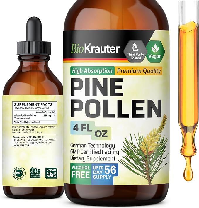 BIO KRAUTER Pine Pollen Tincture - Pine Pollen Powder Liquid Extract for Immune Support - Alcohol & Sugar Free Natural Herbal Supplement - 4 Fl Oz