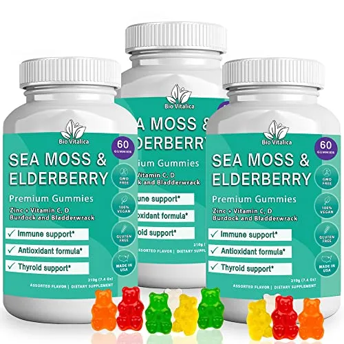 BIO VITALICA (3 Pack) Sea Moss Gummies Elderberry BioVitalica - Vitamin C D + Zinc - Irish Seamoss Vegan Gummy with Sea Moss Gel & Powder for Immunity, Detox & Energy - for Adults and Kids (3)