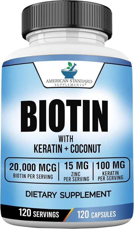 Biotin 20,000mcg with Keratin, Organic Coconut and Zinc, Hair Growth Supplements, Biotin Supplements, Healthy Hair Skin & Nails for Adults, No Filler, No Stearate, 120 Vegan Capsules, 120 Day Supply
