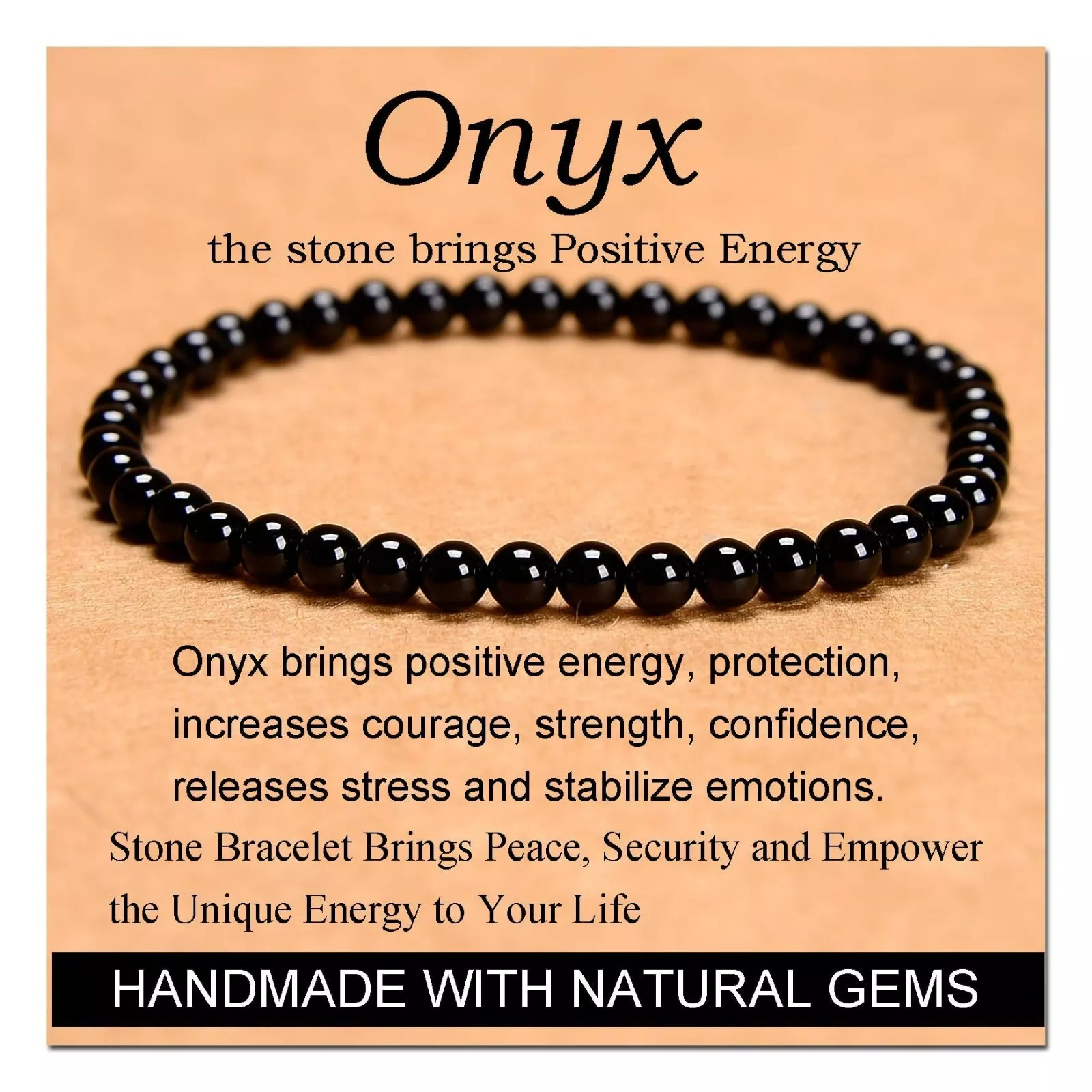 Black Onyx 4mm Crystal Beaded Healing Protection Women Bracelet for Inner Peace
