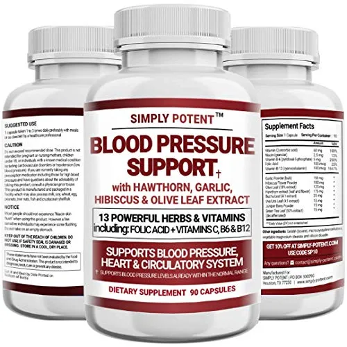 Blood Pressure Support Supplement - Healthy Heart, Cholesterol, Cardio, Hypertension, High BP - 13 Vitamins & Herbs - Folic Acid, Vitamins C B6 & B12, Hawthorn Olive Leaf, Garlic, Hibiscus, 90 Capsule