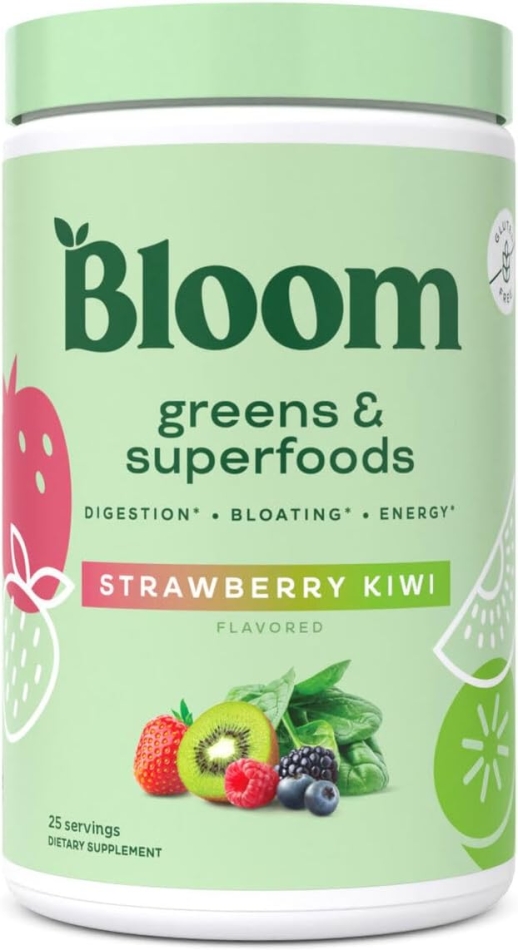 Bloom Greens and Superfoods Powder - (25 Servings) Probiotics for Digestive Health & Bloating Relief for Women, Digestive Enzymes Superfoods Gut Health (Pack of 1, Kiwi Strawberry)