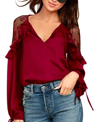 Blooming Jelly Womens Black Lace Top Tie V Neck Long Sleeve Shirt Ruffles Loose Elegant Blouse (Small, Red)