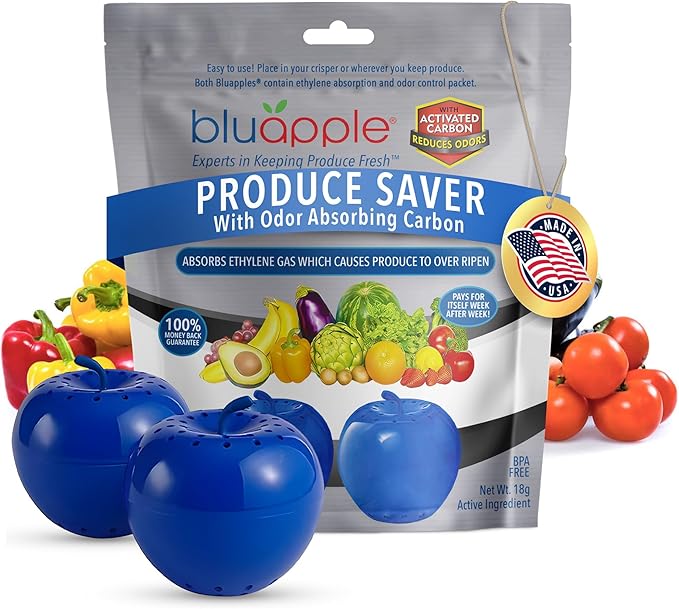 Bluapple Produce Saver with Activated Carbon - Ethylene Gas Absorber, Keep Fruits & Vegetables Fresh Longer, Minimize Food Waste, Refrigerator Odor Absorber, Produce Storage Extends Shelf Life, 2 Pack