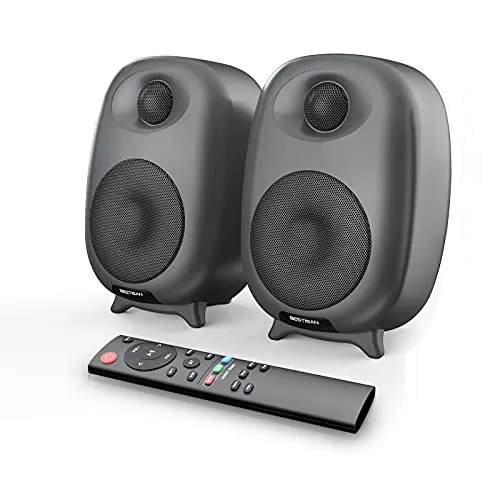 Boookshelf Speaker, BESTISAN 50 Watt Powered Bookshelf Speaker with Bluetooth 5.0 and Wired Optical RCA Input Port, Bass and Treble Adjustable, Deep Bass, 3 Audio Mode Design, Remote Control