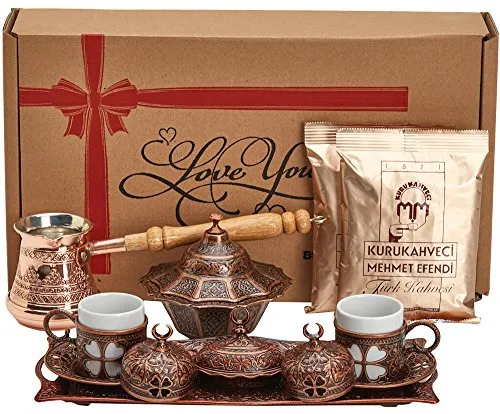BOSPHORUS 16 Pieces Turkish Greek Arabic Coffee Making Serving Gift Set with Copper Pot Coffee Maker, Cups Saucers, Tray, Sugar Bowl & 6.6 Oz Coffee