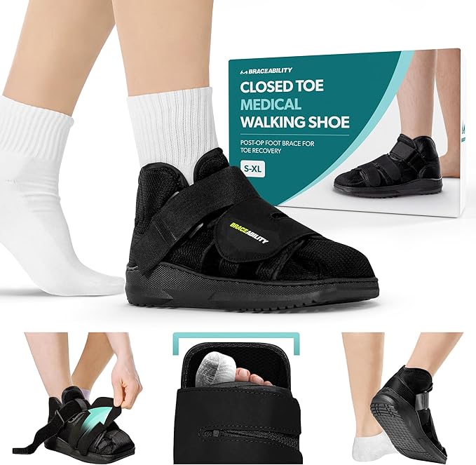 BraceAbility Closed Toe Medical Walking Shoe - Lightweight Broken Toe Cast Boot, Fractured Foot Brace for Metatarsal Stress Fracture, Post-op Bunion, Hammertoe Recovery - For Men or Women (S)