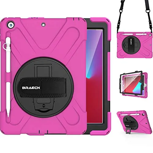 BRAECN iPad 8th Gen Case 2020, iPad 7th Gen Case 2019, Rugged Shockproof Case with Hand Strap, Kickstand, Screen Protector, Pencil Holder, Pencil Cap Holder, Shoulder Strap for iPad 10.2 Inch -Pink
