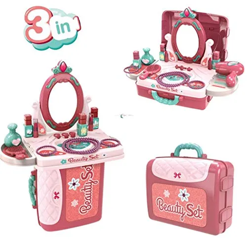 Brakites 3-in-1 Girls Vanity Playset, Kids Makeup Accessories with Dressing Table & Suitcase, Mirror, Pretend Cosmetics, Hair Dryer, Portable Fashion & Makeup Pretend Toy Set for Kids (Red)