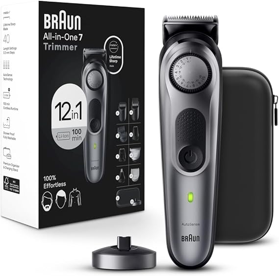 Braun All-in-One Men's Shaving Kit Series 7 7440, 12-in-1 Beard, Face, Nose, Ear Trimmer, Hair Clippers, Body Groomer and Manscaping + Travel Case + Charging Stand, Holiday Gifts for Men