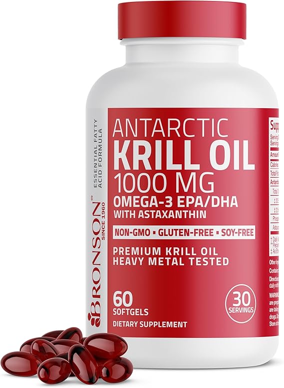 Bronson Antarctic Krill Oil 1000 mg with Omega-3s EPA, DHA, Astaxanthin and Phospholipids 60 Softgels (30 Servings)