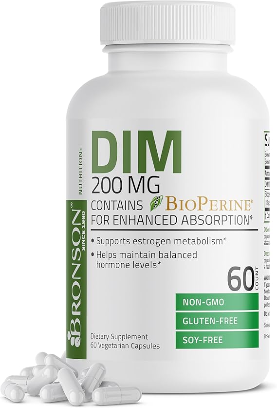 Bronson DIM 200 MG Supplement Diindolymethane with BioPerine for Enhanced Absorption, Estrogen Metabolism & Maintains Balanced Hormone Levels, 60 Vegetarian Capsules