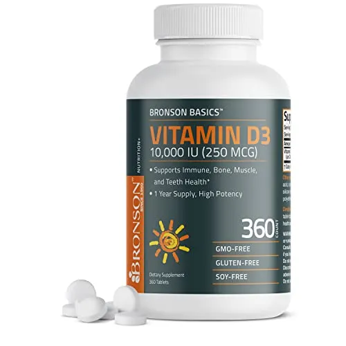 Bronson Vitamin D3 10,000 IU (250 MCG) Supports Immune, Bone, Muscle and Teeth Health, 1 Year Supply High Potency - Non-GMO, 360 Tablets