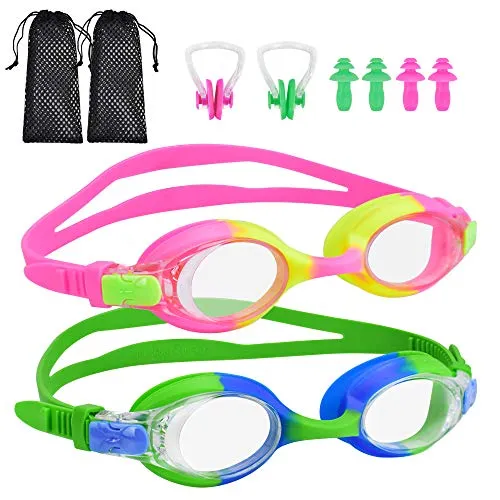 BROTOU Swim Goggles, Pack of 2 Kids Swimming Goggles No Leaking Anti Fog Swim Goggles for Children Boys Girls and Early Teens from 3 to 12 Years Old (Green&Pink)