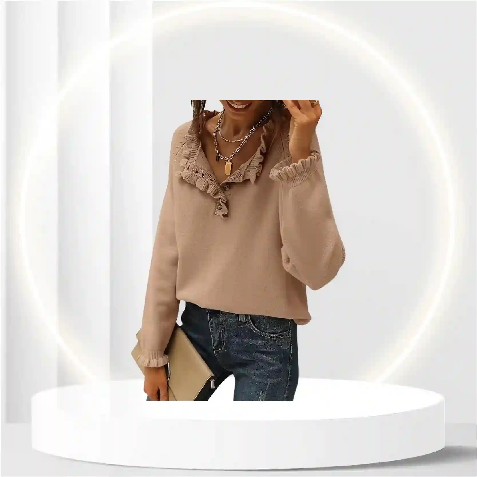 BTFBM Women's Sweaters Casual Long Sleeve Button Down Crew Neck Ruffle Knit Pullover Sweater Tops Solid Color Striped(Solid Khaki, Medium)