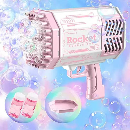 Bttyu Bazooka Bubble Gun, 69 Holes Bubble Machine Gun with Colorful Lights, Bubble Gun Blower for Adults Kids Girls Toys Outdoor Wedding Birthday Party Gifts (Pink)