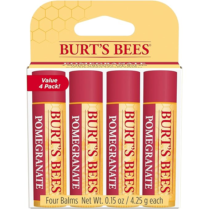 Burts Bees Lip Balm - Pomegranate, Lip Moisturizer With Responsibly Sourced Beeswax, Tint-Free, Natural Origin Conditioning Lip Treatment, 4 Tubes, 0.15 oz.