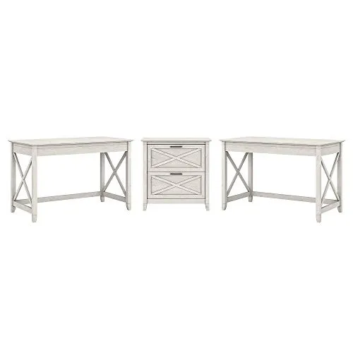Bush Furniture Key West 2 Person Desk Set with Lateral File Cabinet, Linen White Oak