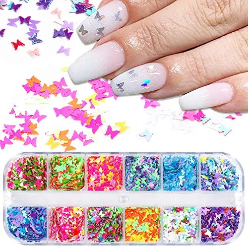 Butterfly Nail Art Supply Glitter Sequins 12 Colors Laser Butterfly Nail Art Glitter Decals for DIY Nail Eye Makeup Sequins Lip Gloss Decoration Accessories