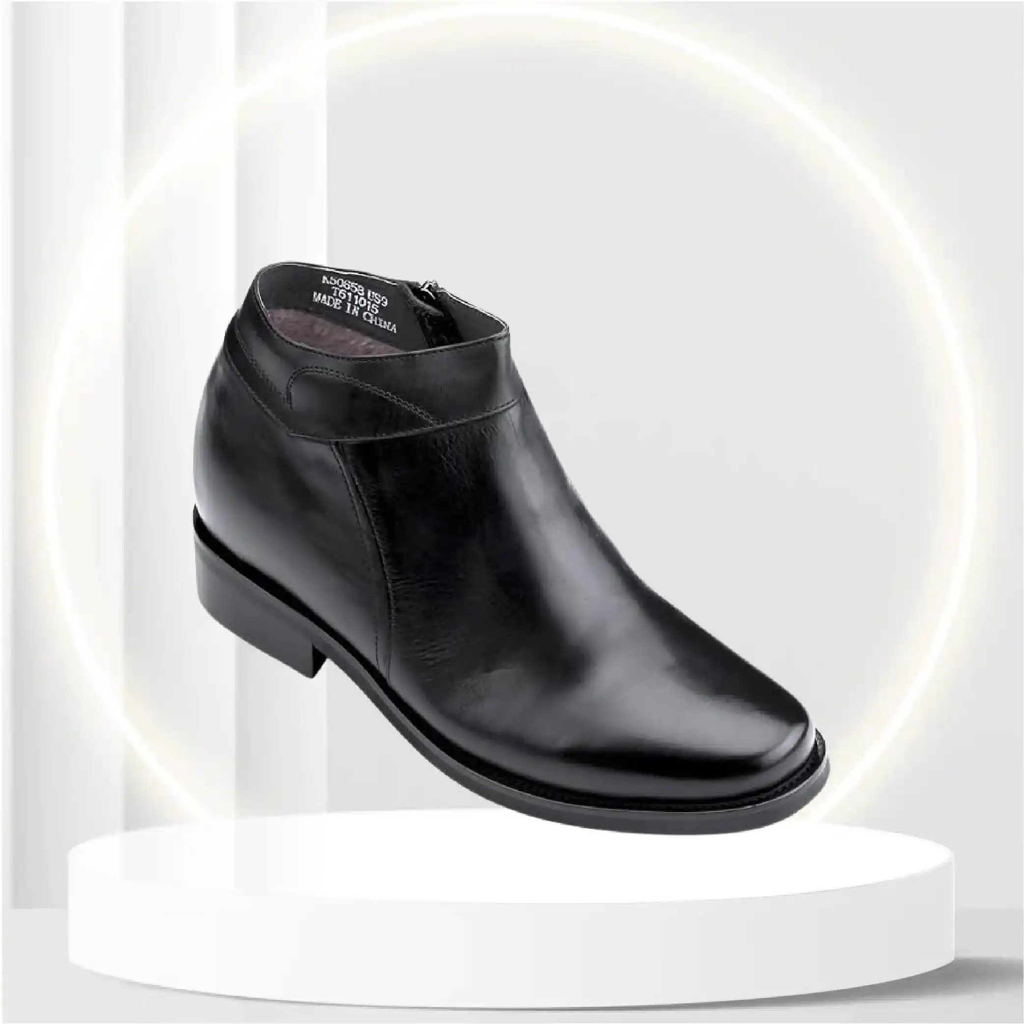 CALDEN Men's Invisible Height Increasing Elevator Shoes - Black Premium Leather Faux Fur Inner Lining Formal Zipper Boots - 3.2 Inches Taller - K50658 - Size 9 D(M) US