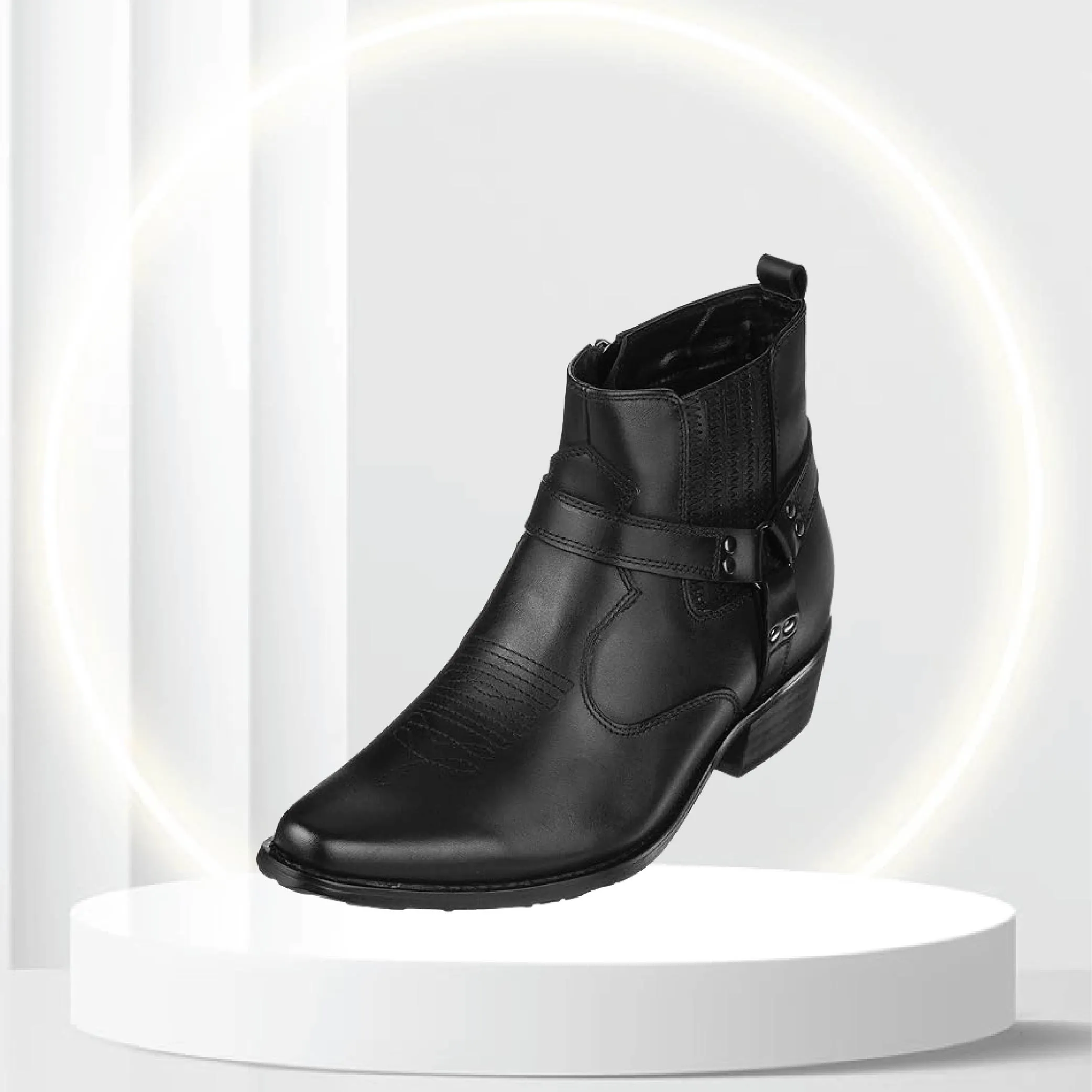 CALTO Men's Invisible Height Increasing Elevator Shoes - Black Premium Leather Cowboy Zipper Boots - 3.3 Inches Taller - T8112 - Size 7.5 D(M) US