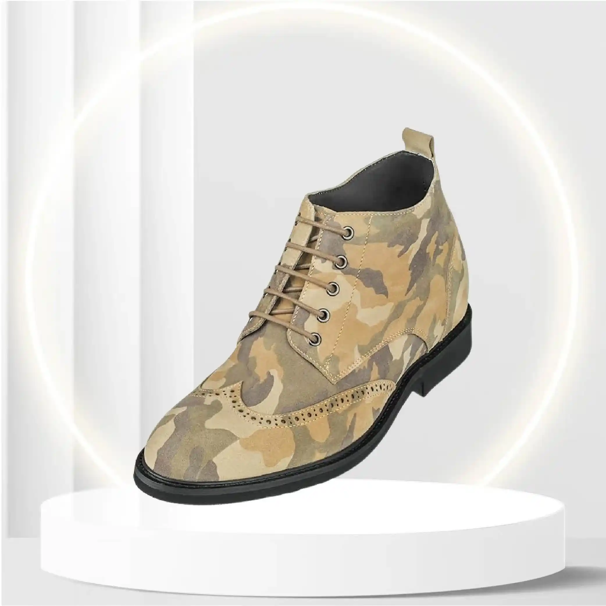 CALTO Men's Invisible Height Increasing Elevator Shoes - Camo Brown Premium Leather Lace-up Lightweight Wing-tip Work Boots - 3 Inches Taller - S3650 - Size 11.5 D(M) US