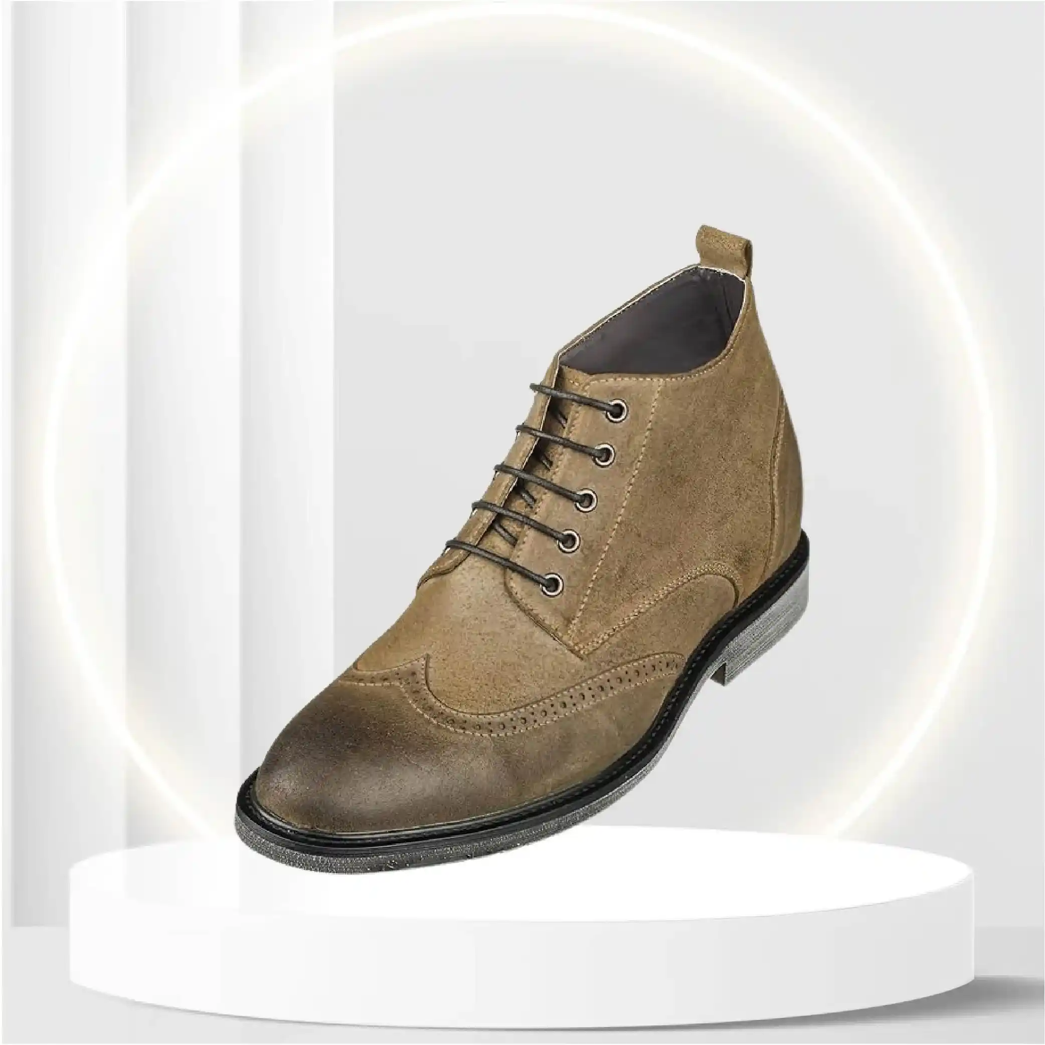 CALTO Men's Invisible Height Increasing Elevator Shoes - Khaki Premium Leather Lace-up Lightweight Wing-tip Work Boots - 3 Inches Taller - S3653 - Size 9 D(M) US