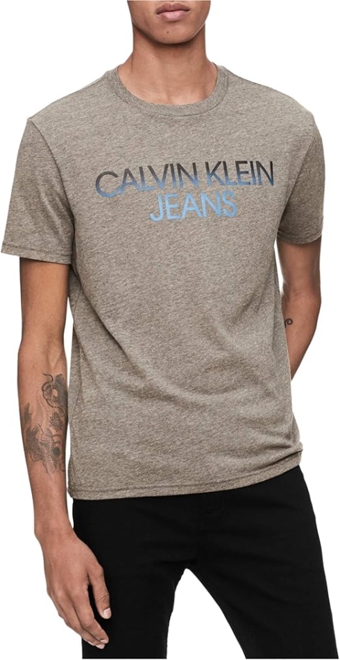 Calvin Klein Men's Classic Ck Jeans Logo Short Sleeve Crewneck T-Shirt, Steel Wool Heather, Large
