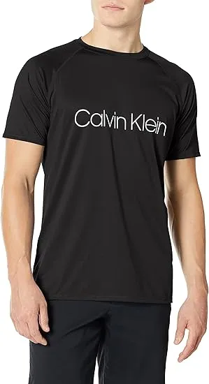 Calvin Klein Men's UPF 40+ Short Sleeve Quick Dry Swim Shirt, Black, Large